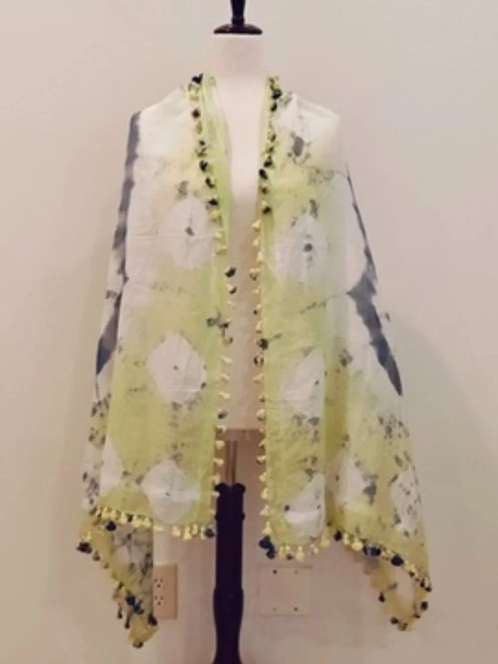 Aanya Silk Cotton Scarf Wrap Womens Lime Green Gray Shibori Tie Dye Tassel